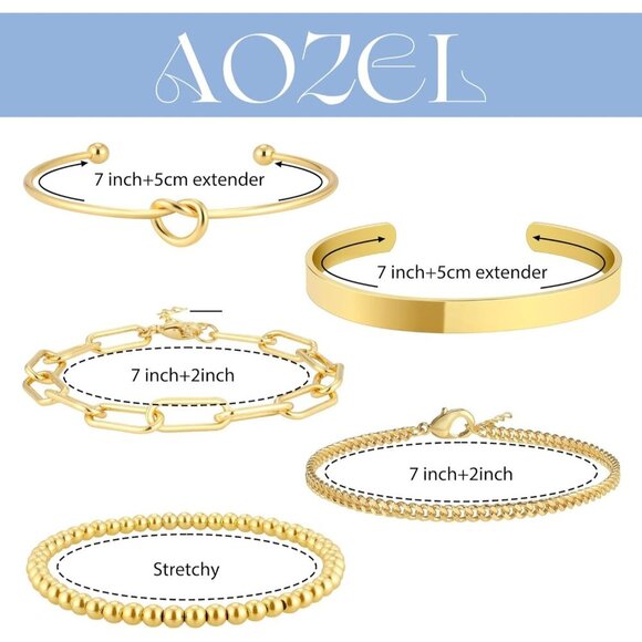 14K Real Gold Plated Bangle Cuff Non Tarnish Trendy Stack Bracelets for Women - Picture 3 of 6